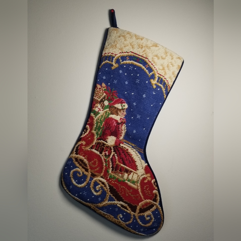 SFERRA Needlepoint Christmas Stocking Mrs Santa Claus on Sleigh Vintage